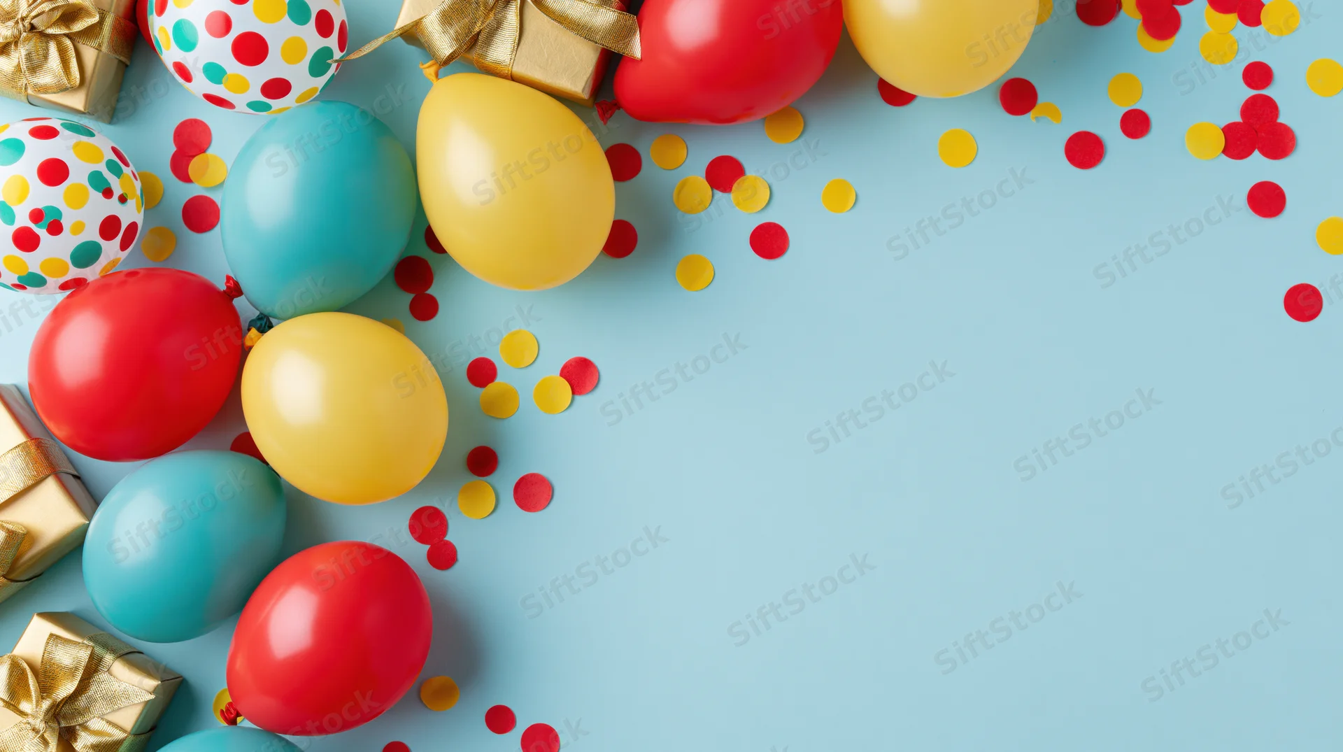 Colorful balloons and gifts arranged on a blue surface with confetti and copyspace