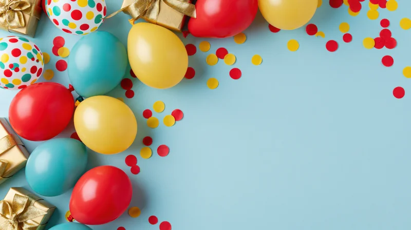 Colorful balloons and gifts arranged on a blue surface with confetti and copyspace
