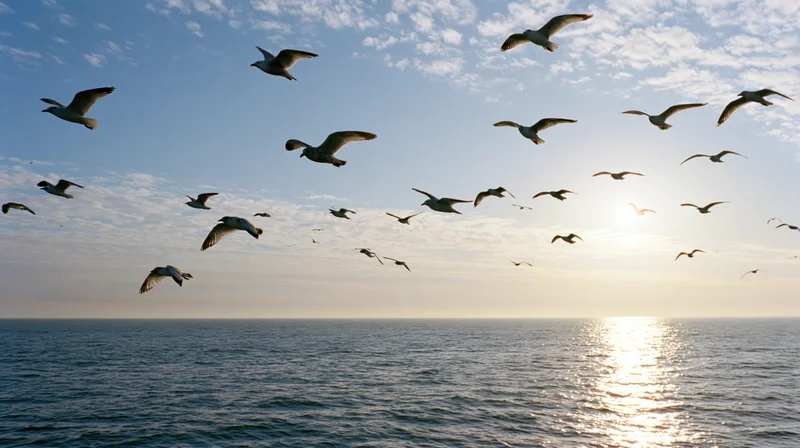 Flock of seagulls flying over the ocean at sunset
