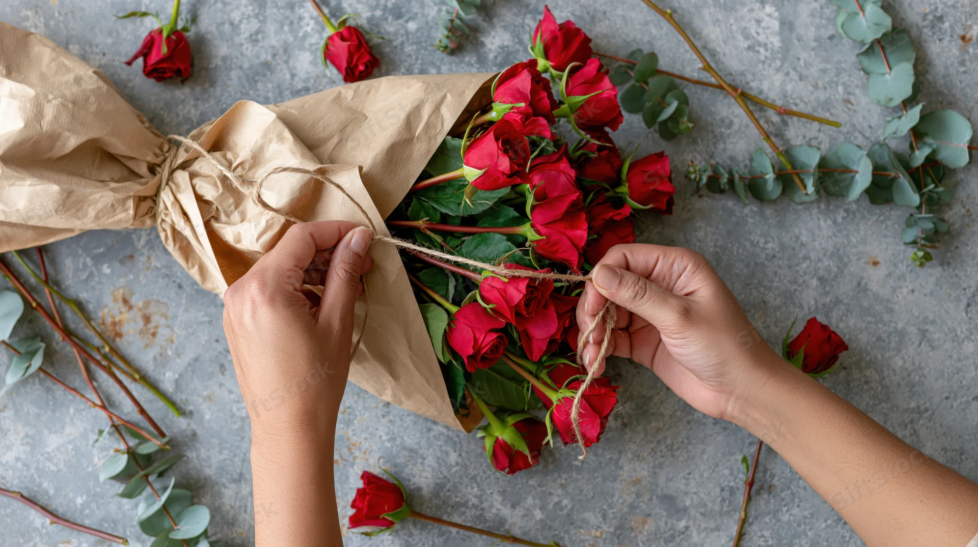 Hands tying twine around a bouquet of red roses wrapped in brown paper on a gray surface
