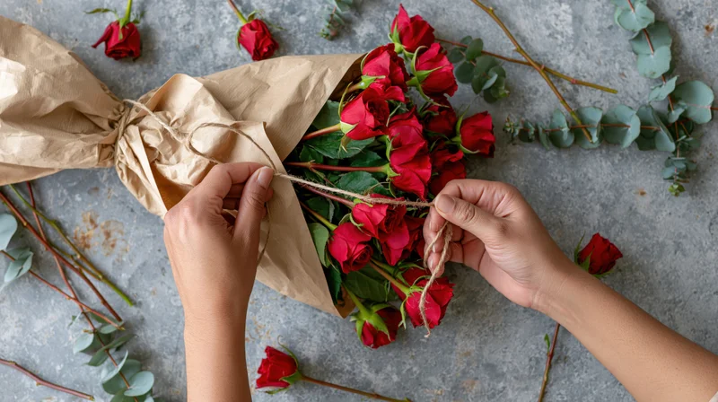 Hands tying twine around a bouquet of red roses wrapped in brown paper on a gray surface