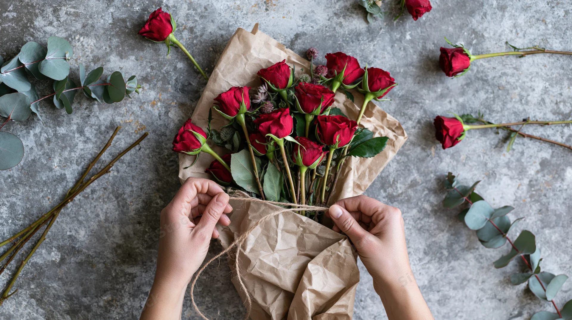Florist hands tying twine around a bouquet of red roses wrapped in brown paper on a gray surface