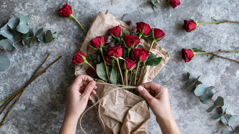 Florist hands tying twine around a bouquet of red roses wrapped in brown paper on a gray surface