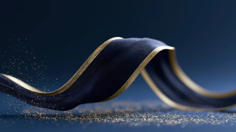 Flowing navy silk ribbon with gold metallic edge curving across a dark blue surface with scattered glitter