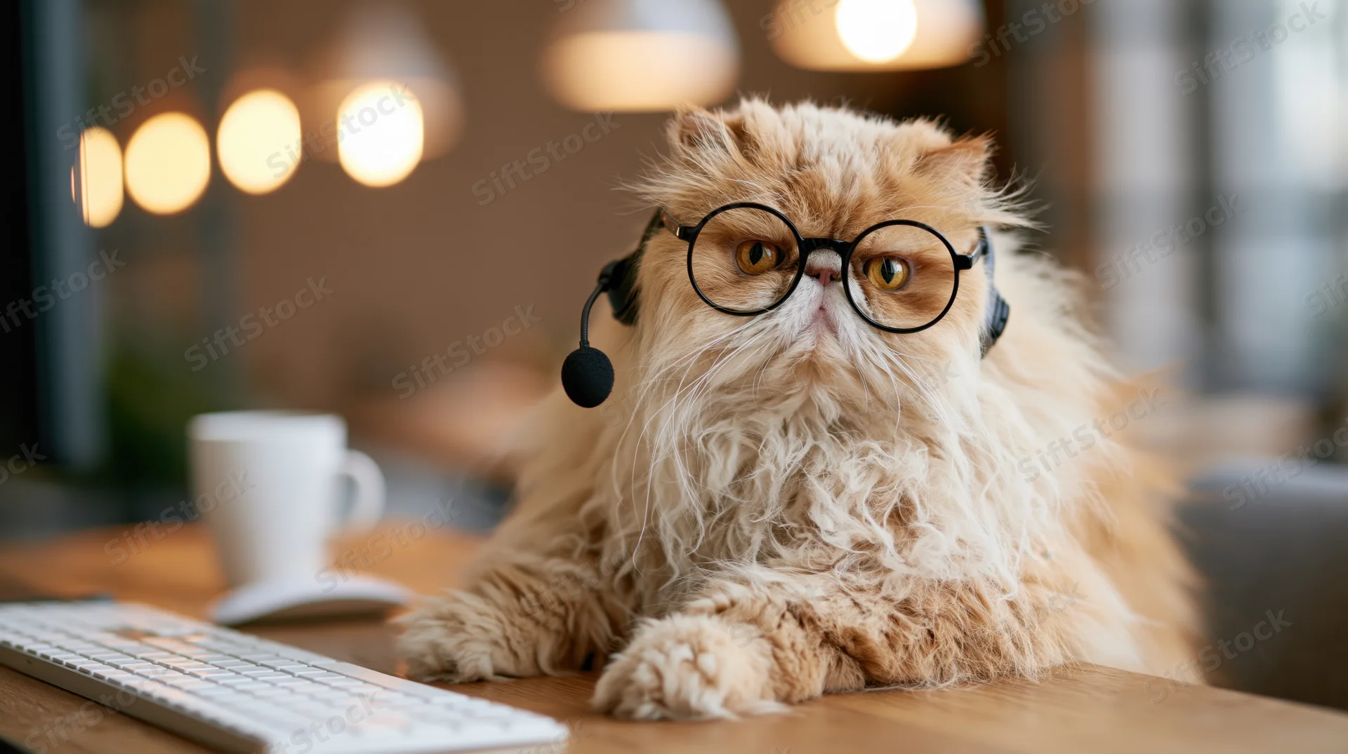 Fluffy persian cat wearing glasses and headset at a desk with keyboard and mug