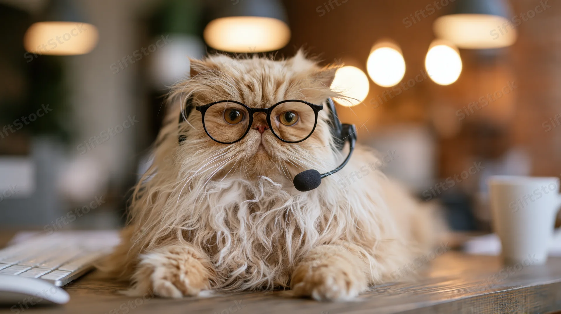 Fluffy persian cat wearing glasses and headset at a desk in an office setting