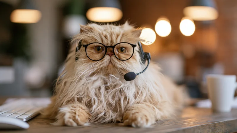 Fluffy persian cat wearing glasses and headset at a desk in an office setting