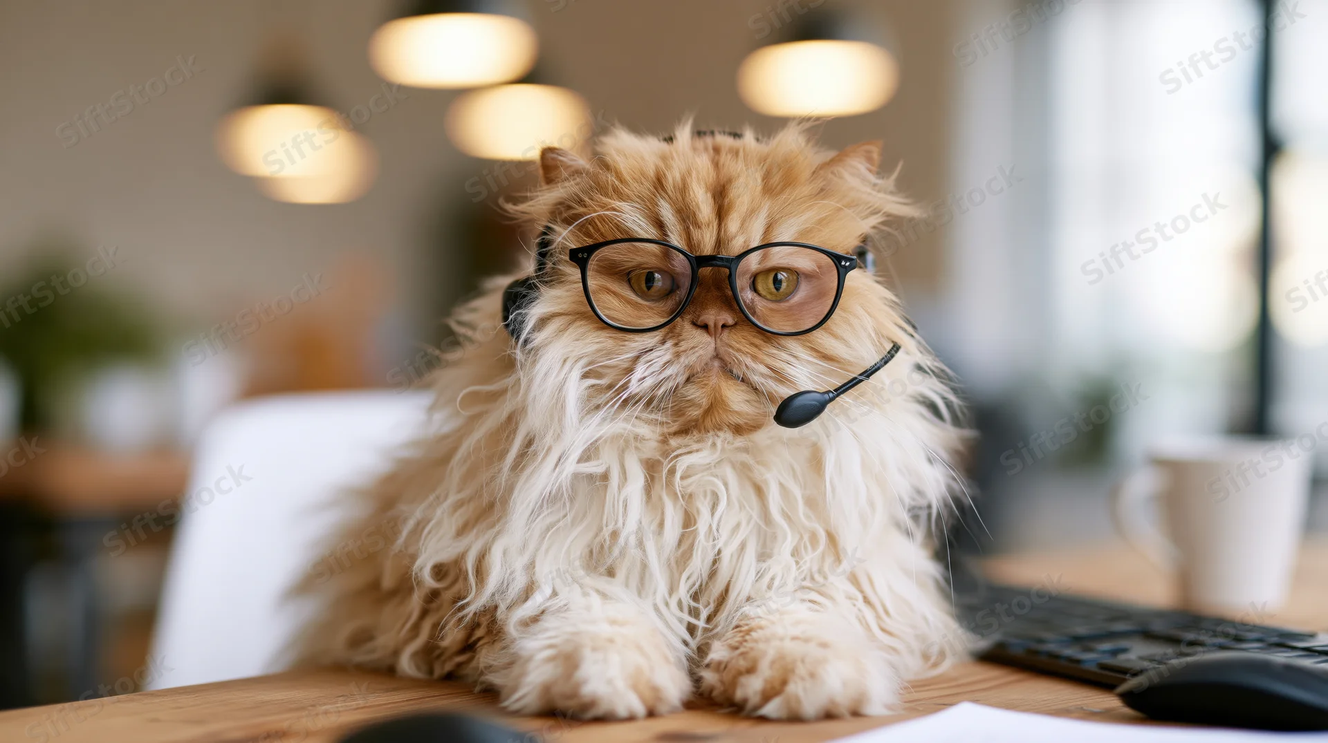 Fluffy persian cat wearing glasses and headset sitting on desk in office workspace