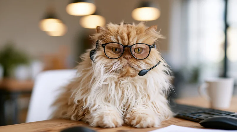 Fluffy persian cat wearing glasses and headset sitting on desk in office workspace