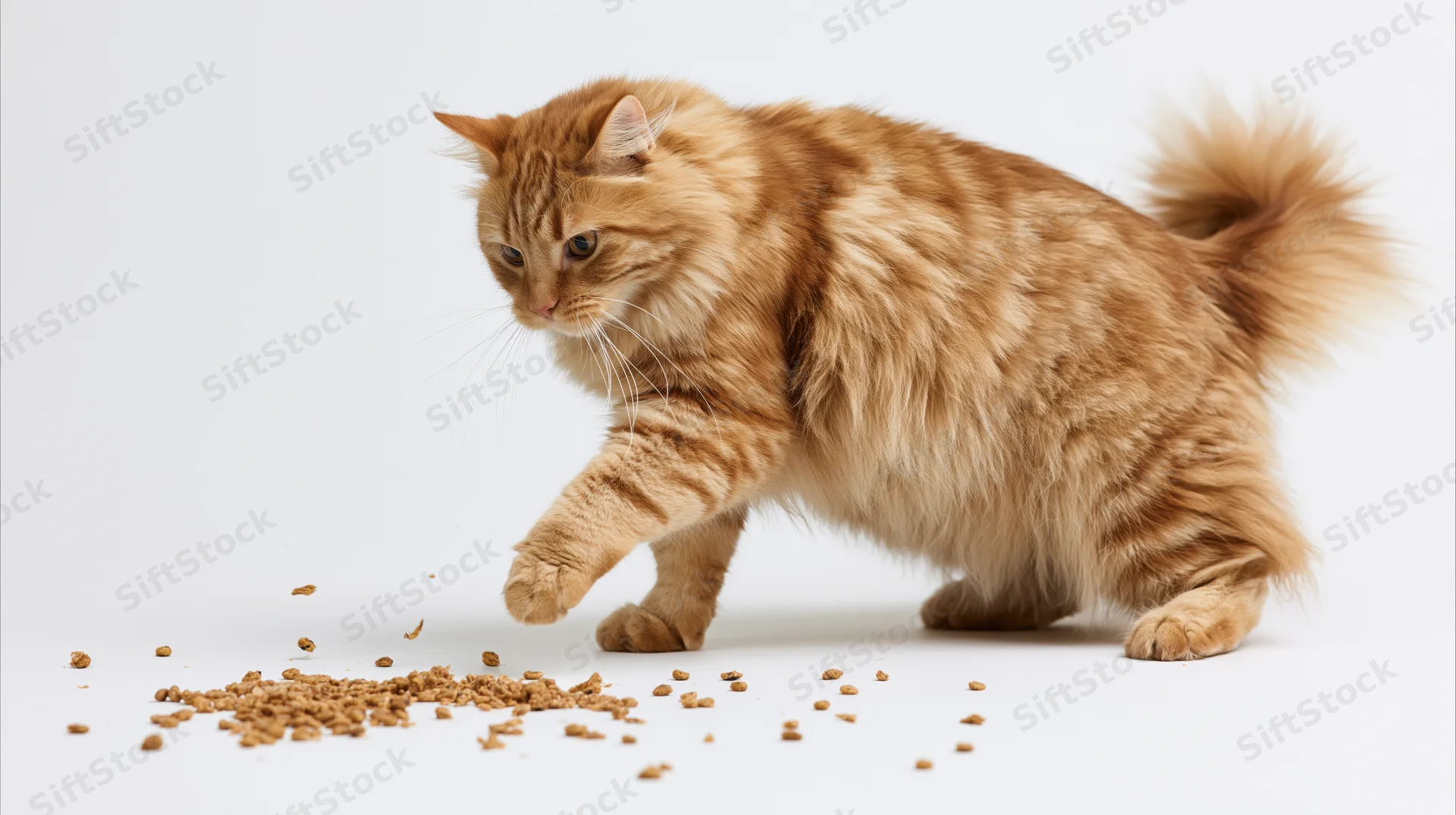 Fluffy orange tabby cat pawing at scattered dry kibble on white background