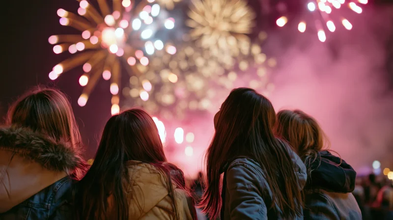 Four women sitting close together watching fireworks at night