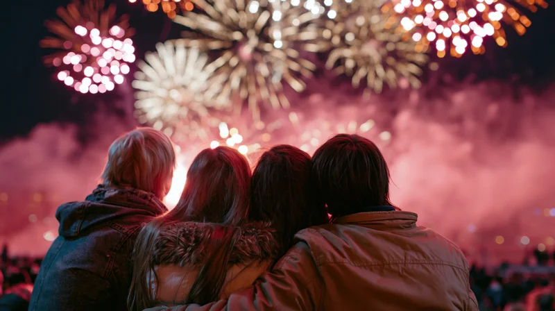 Four friends sitting close together watching fireworks at night