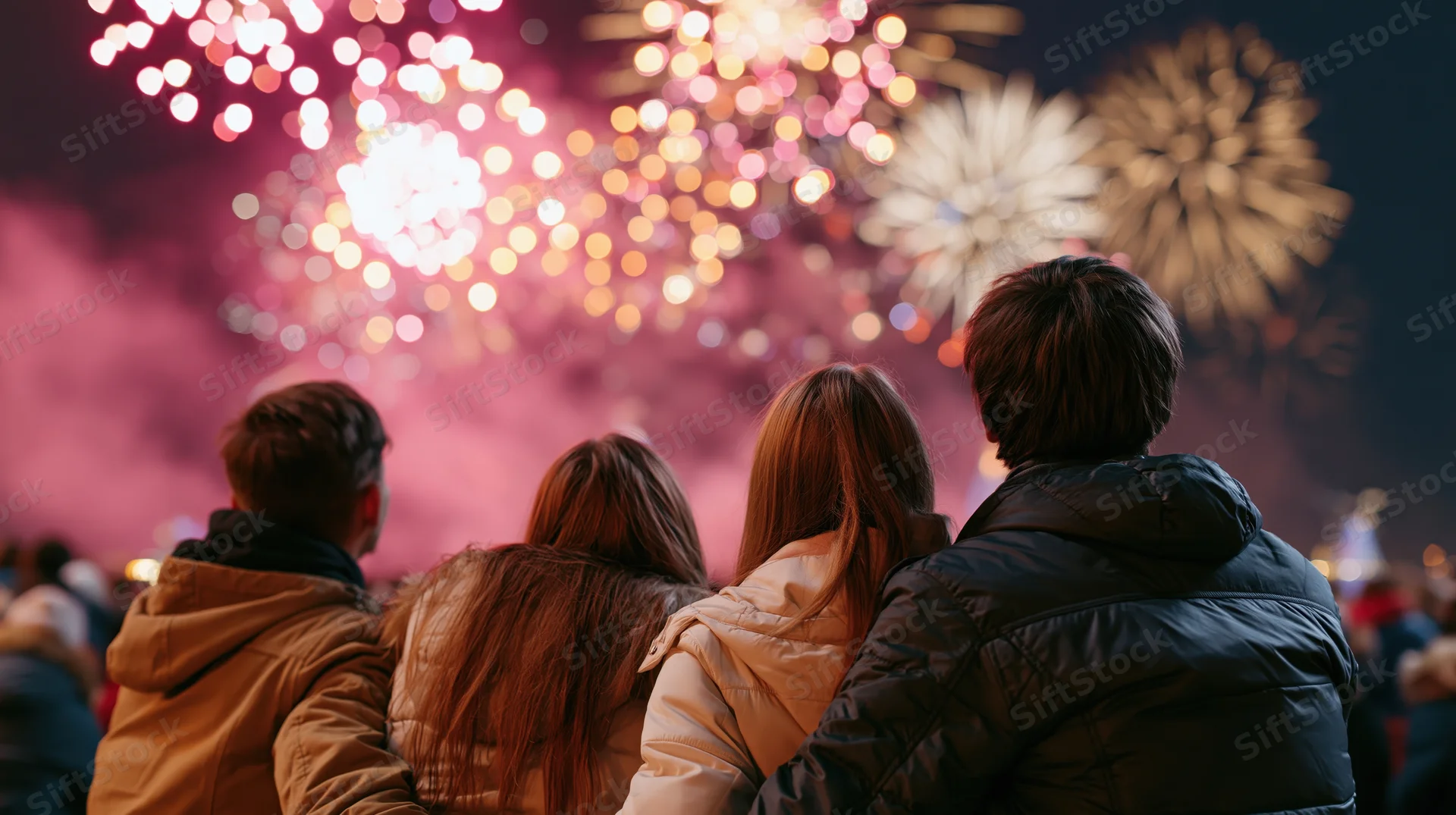 Four friends sitting close together watching fireworks at night