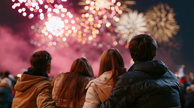 Four friends sitting close together watching fireworks at night