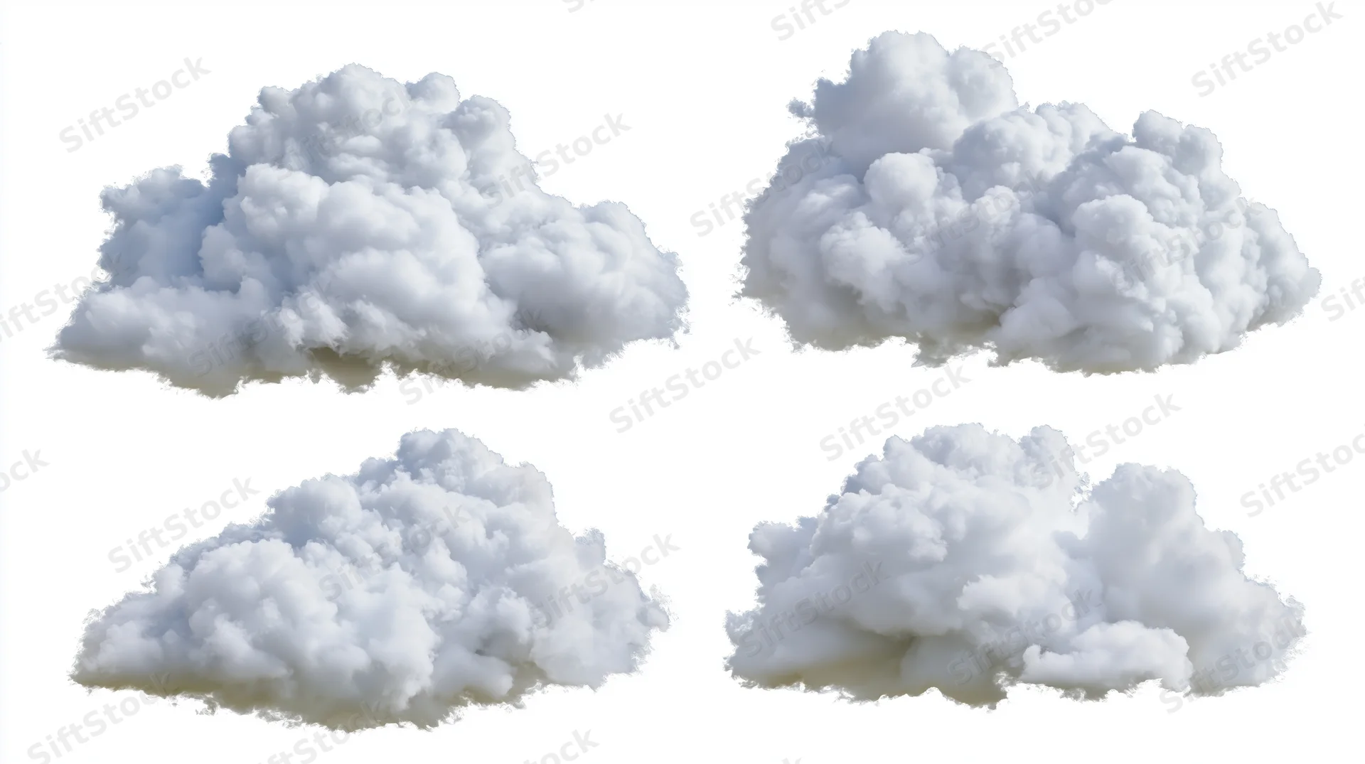 Four cumulus clouds arranged in a two-by-two grid on a white background