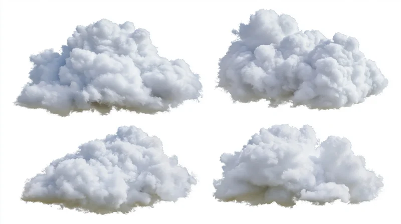 Four cumulus clouds arranged in a two-by-two grid on a white background
