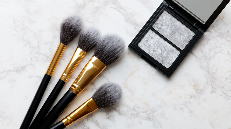 Four makeup brushes with black handles and gold ferrules arranged beside an open eyeshadow palette on a white marble surface