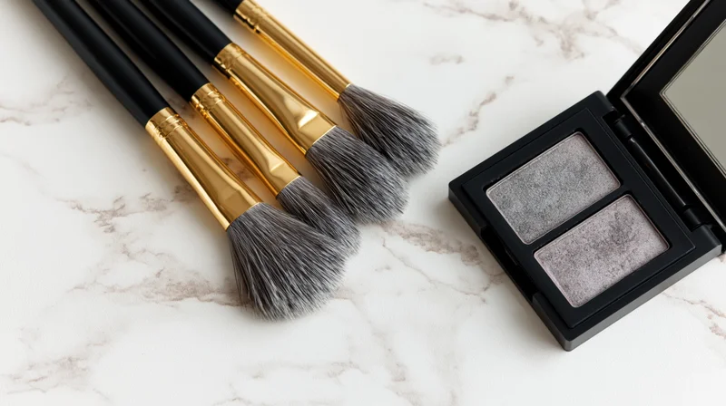 Makeup brushes with black handles and gold ferrules beside an open eyeshadow palette on a marble surface