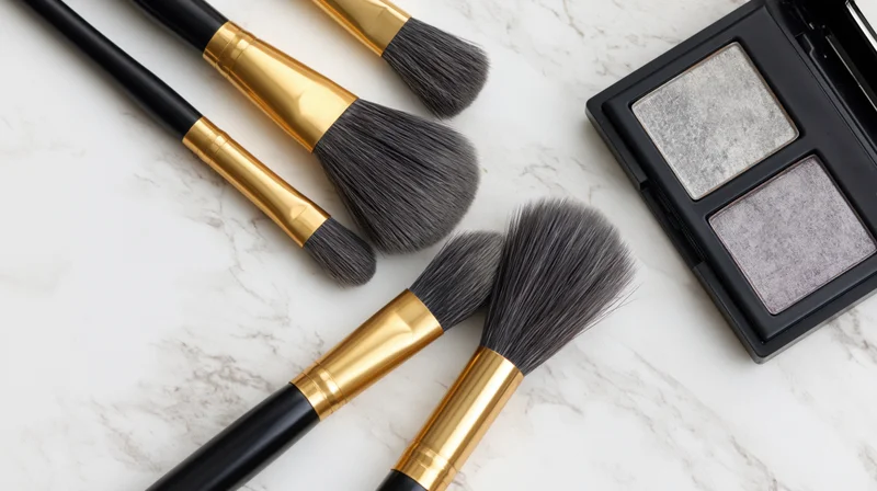 Makeup brushes with black handles and gold ferrules arranged with an eyeshadow palette on a marble surface