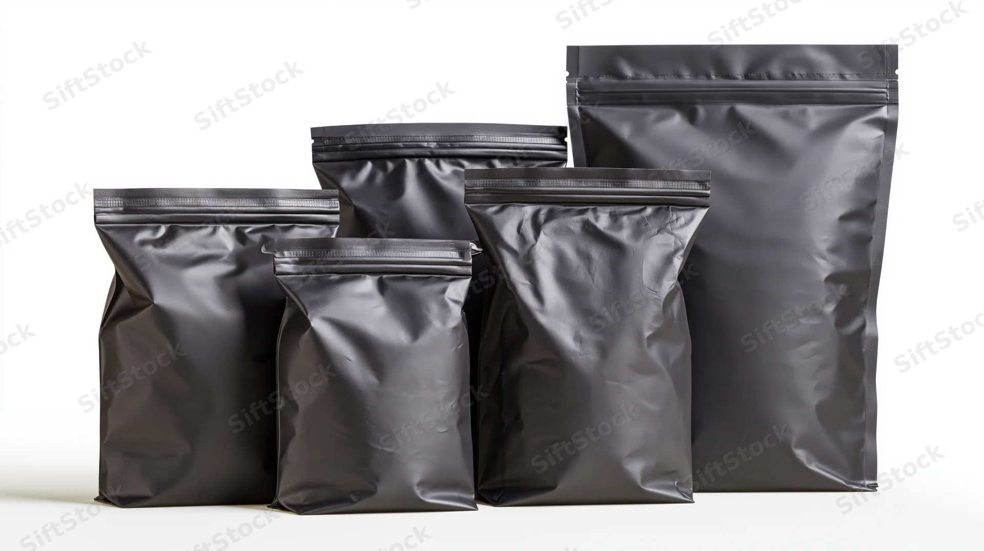 Five matte black foil standup pouches arranged in a row on a white surface
