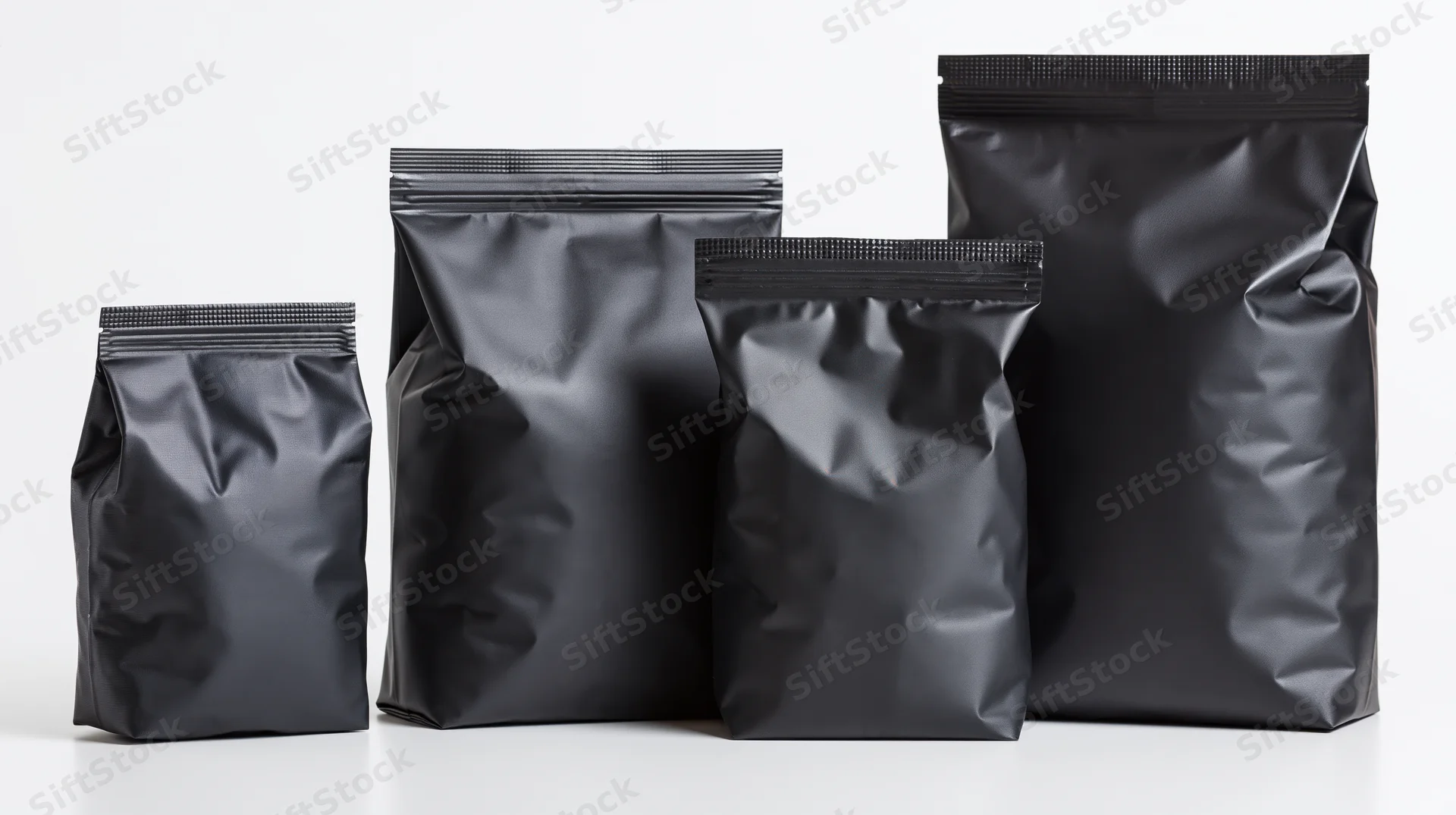 Four matte black foil food packaging bags arranged in size order on white background