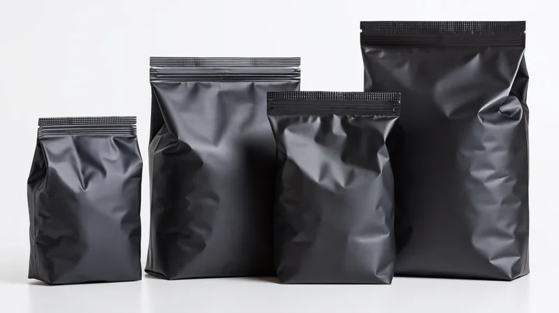 Four matte black foil food packaging bags arranged in size order on white background