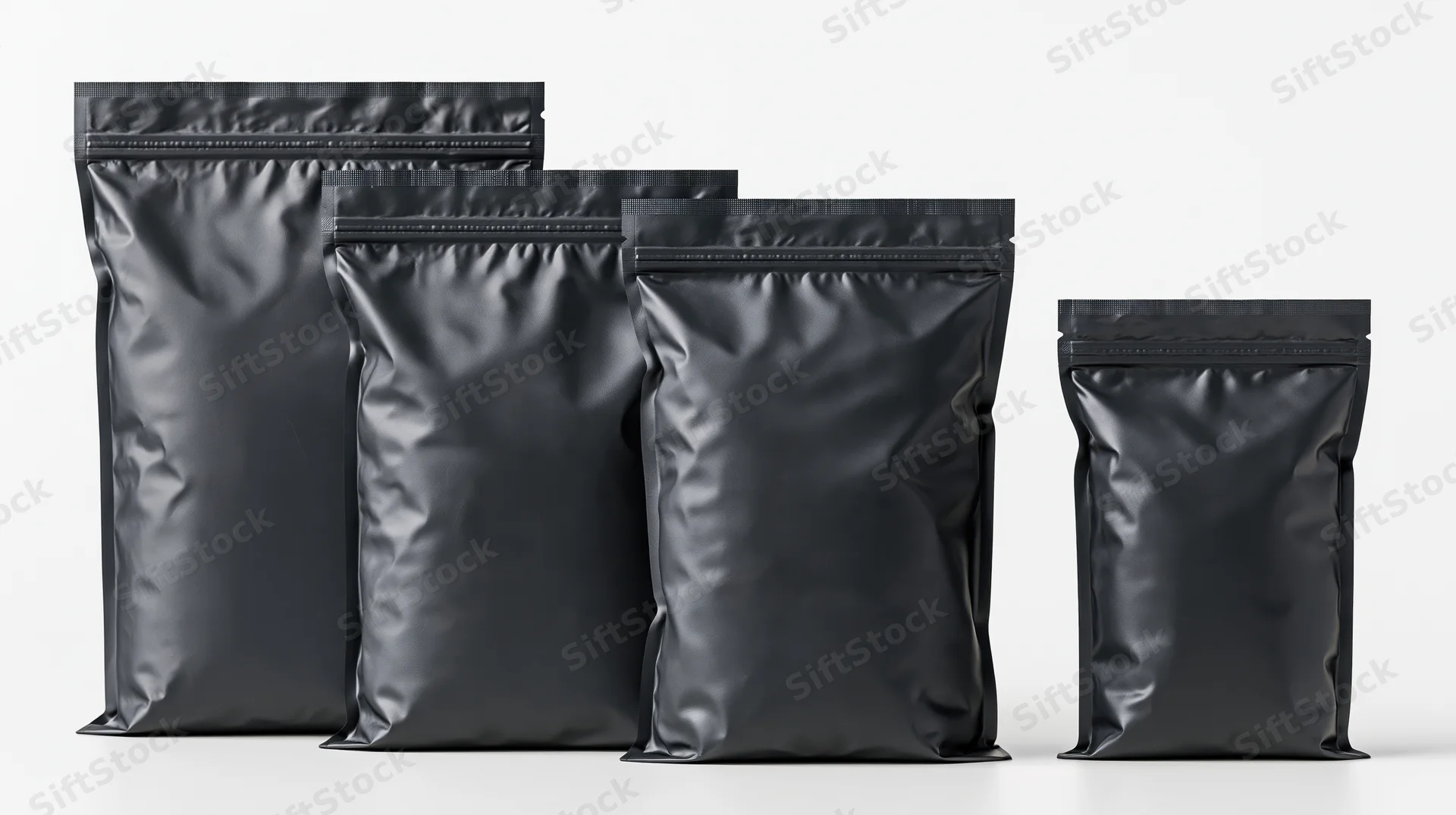 Four matte black foil standup pouches arranged in a row on a white surface