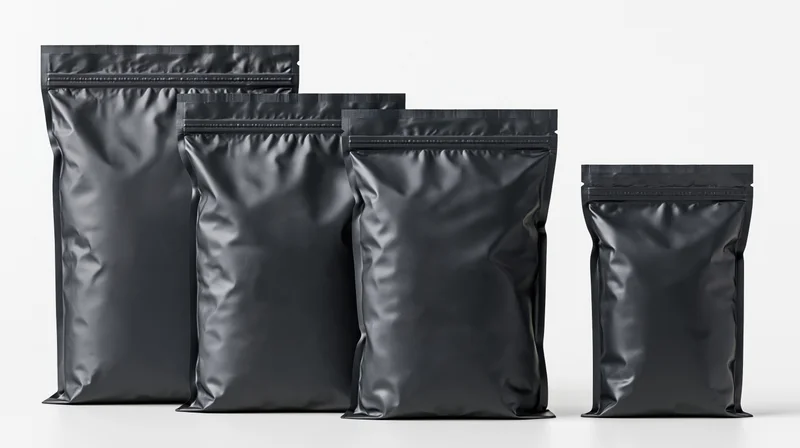 Four matte black foil standup pouches arranged in a row on a white surface