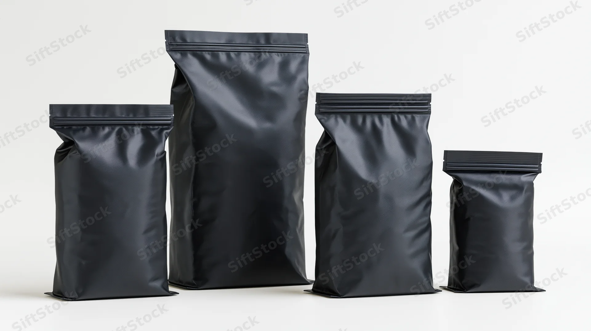Four matte black foil standup pouches arranged in size order on white background