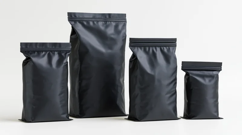 Four matte black foil standup pouches arranged in size order on white background