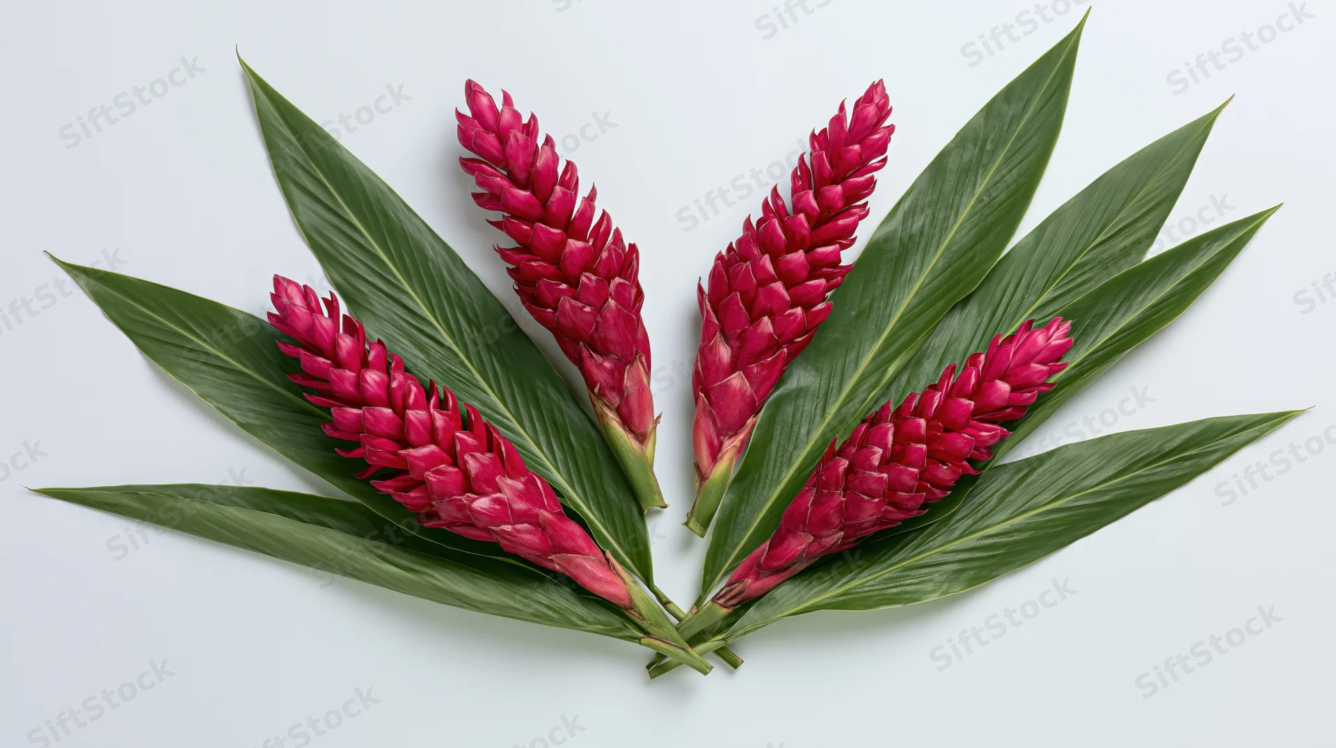Four red ginger flowers arranged symmetrically on white background
