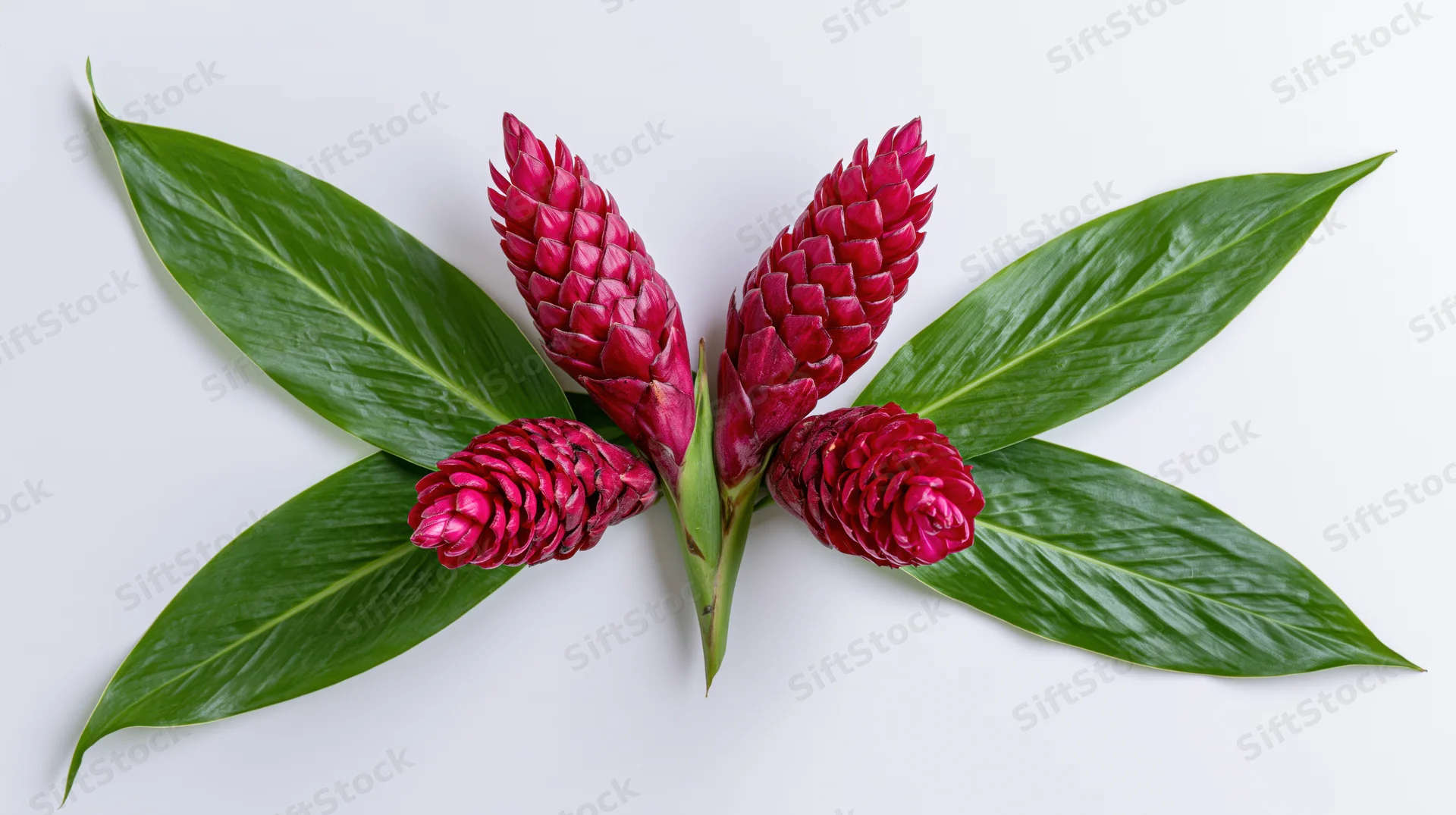 Four red ginger flowers arranged symmetrically with green leaves on white background