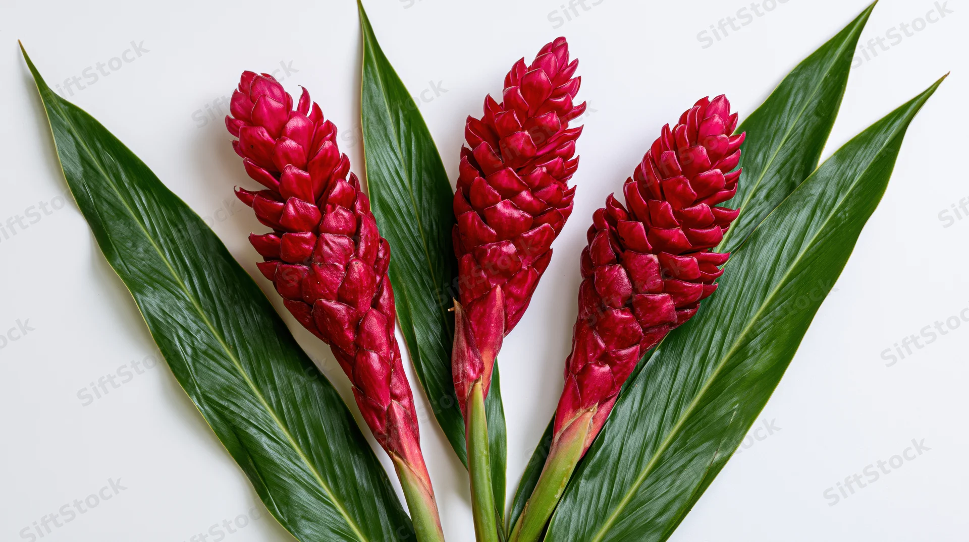 Three red alpinia purpurata flowers with green leaves arranged symmetrically on white background