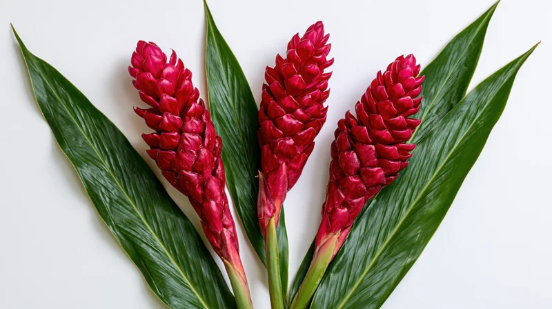 Three red alpinia purpurata flowers with green leaves arranged symmetrically on white background