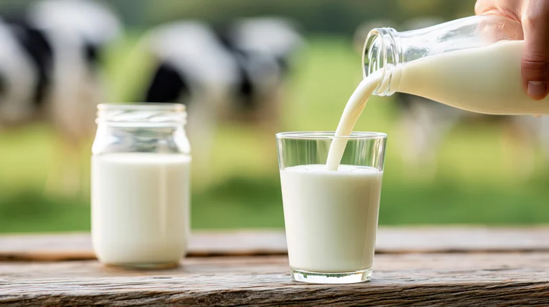 Milk being poured from a glass bottle into a clear glass on a wooden table with cows in the background