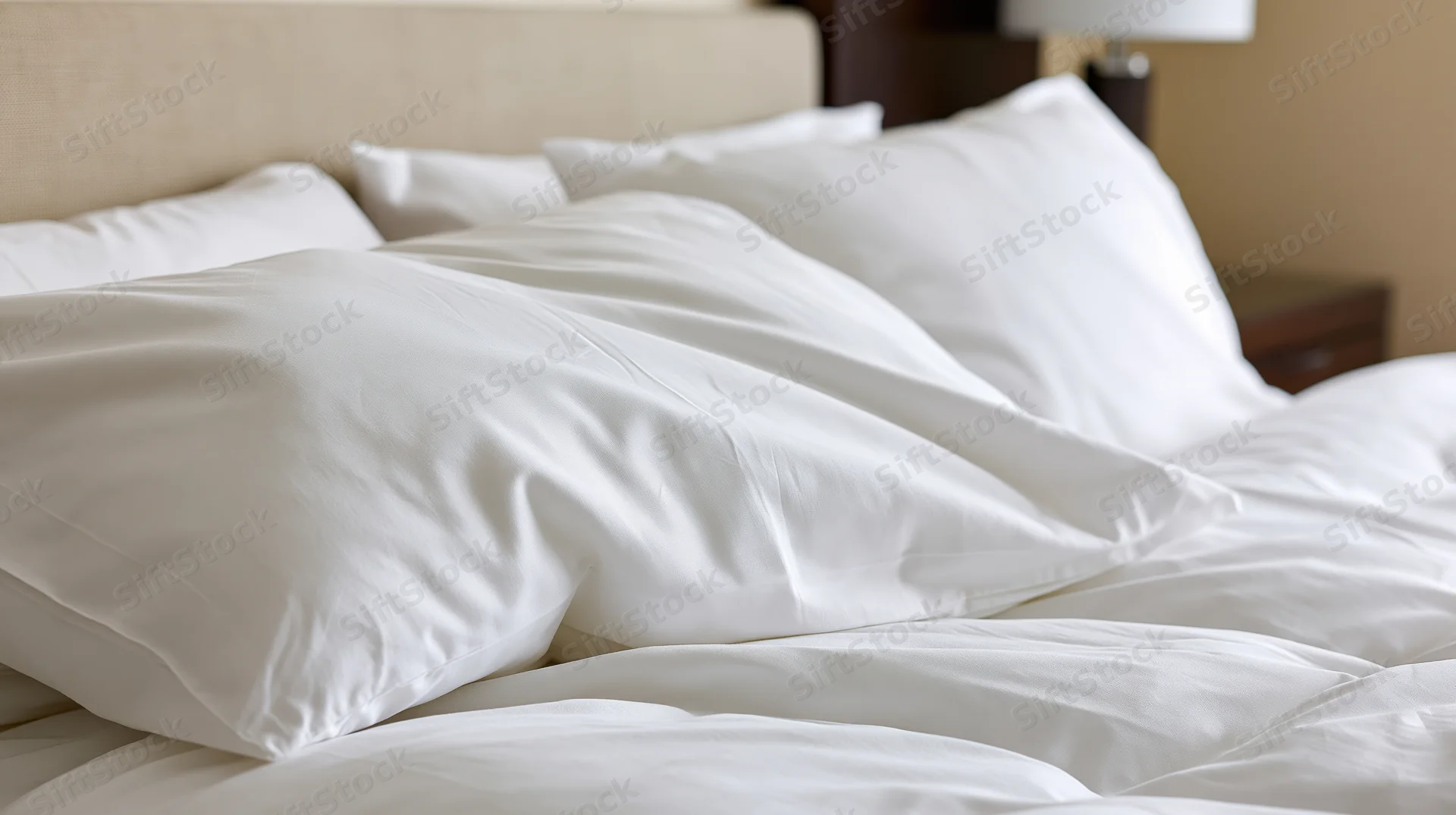 White pillows and comforter arranged on a hotel bed with headboard and nightstand in background