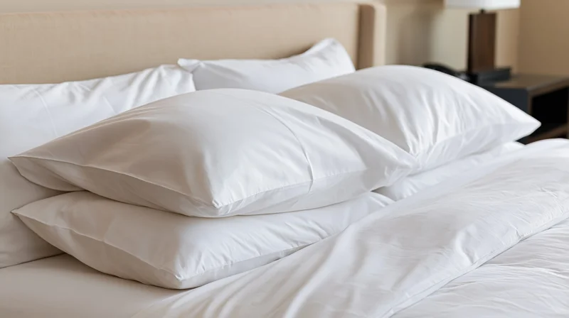 Neatly stacked white pillows on a made hotel bed with headboard and nightstand in background