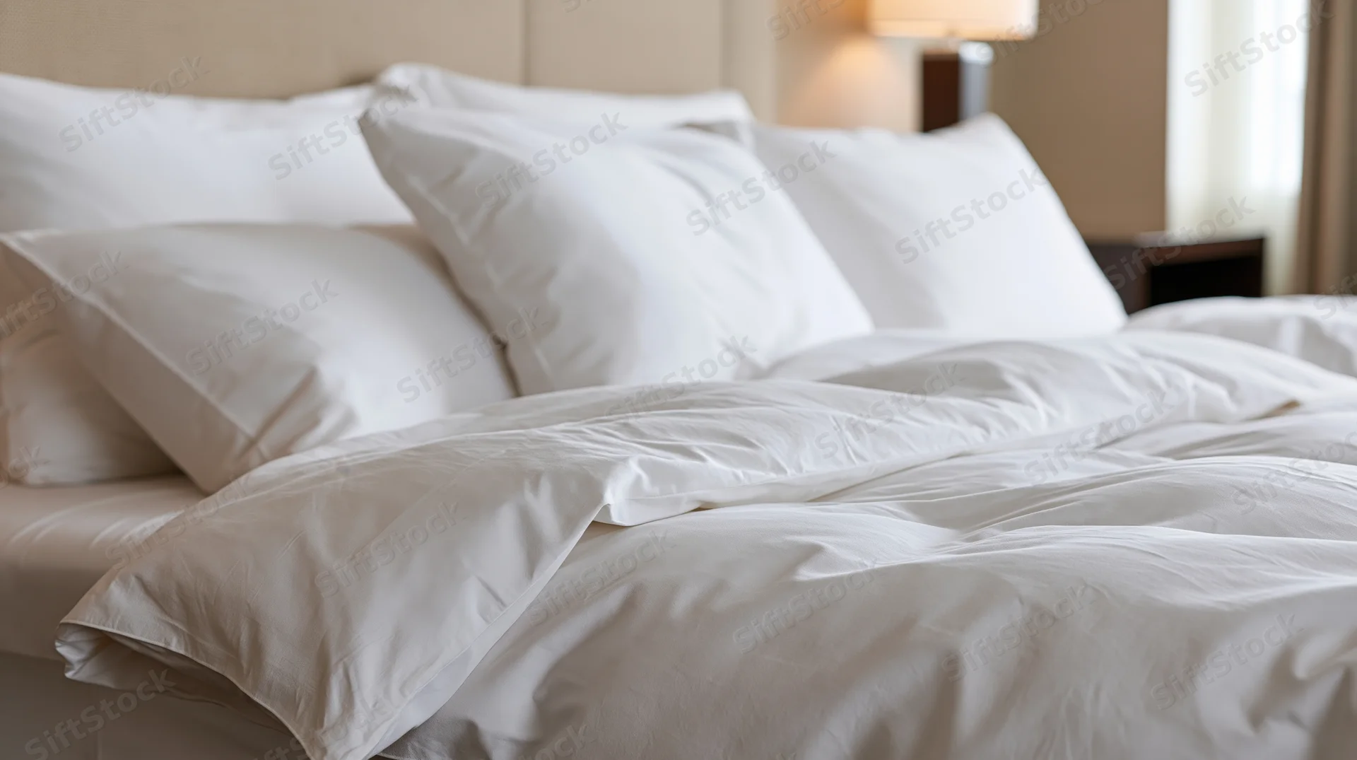 Freshly made hotel bed with crisp white pillows and duvet in a calm bedroom setting