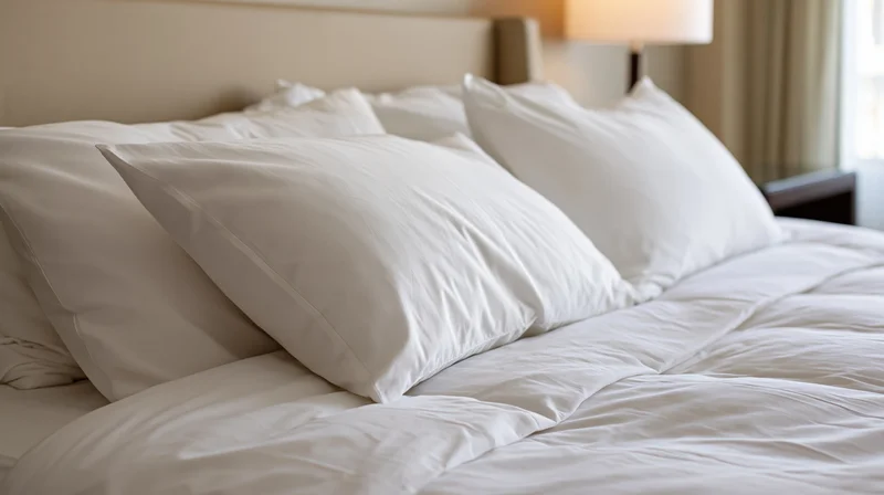 Freshly made hotel bed with white pillows and duvet in a tidy bedroom