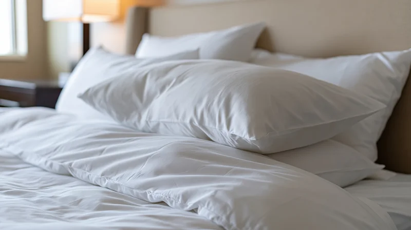 Freshly made hotel bed with white pillows and duvet in a bedroom setting