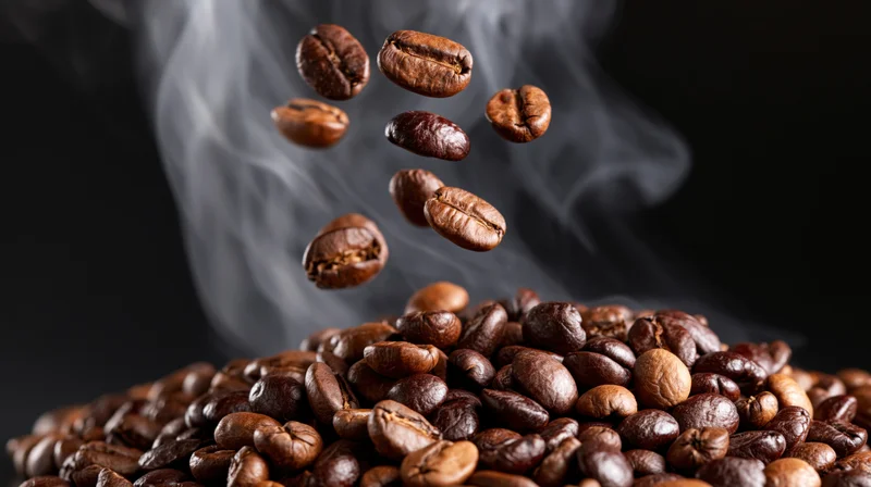 Roasted coffee beans falling and floating above a steaming pile on dark background