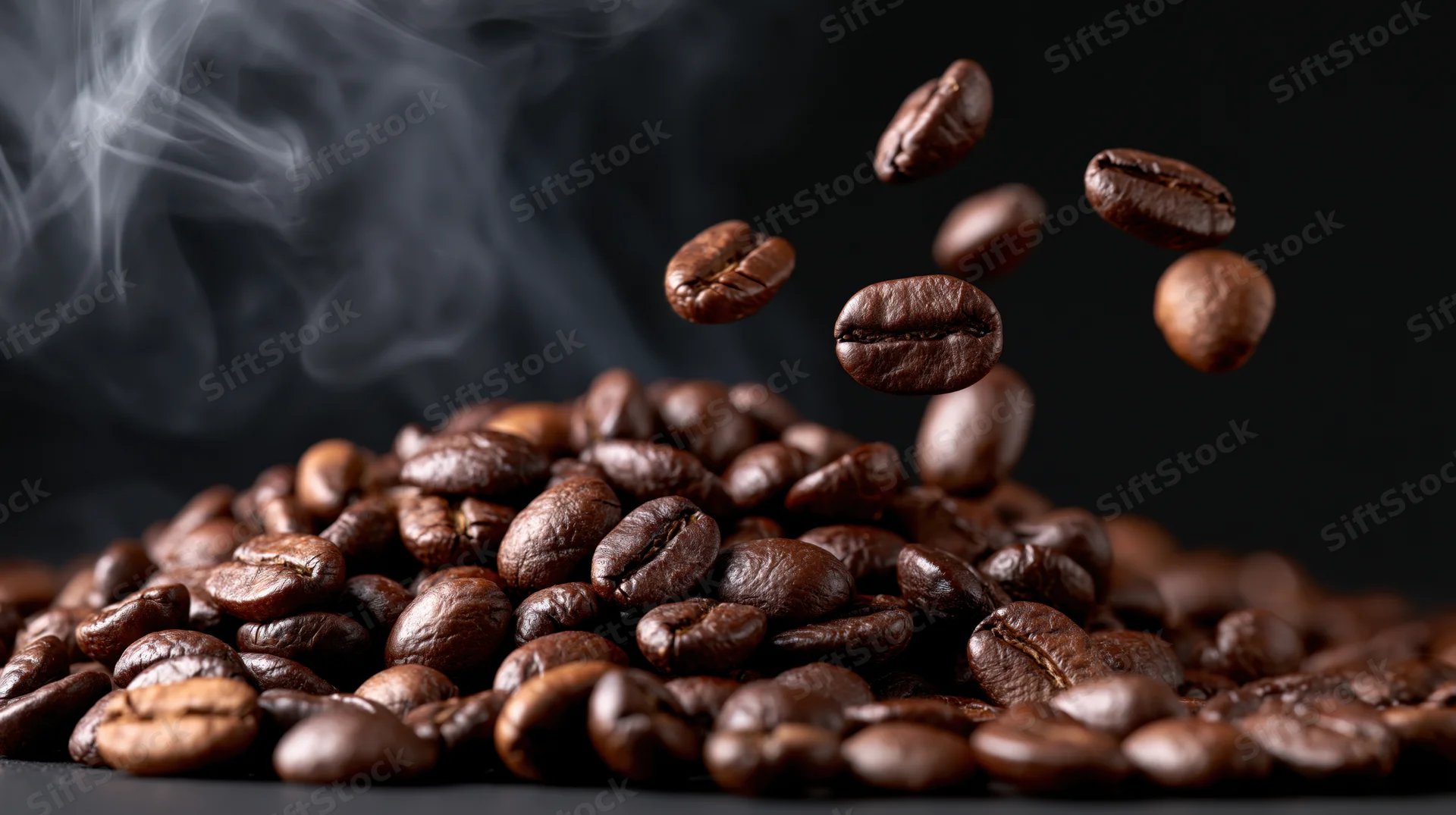 Roasted coffee beans falling and floating above a pile with rising steam on dark background