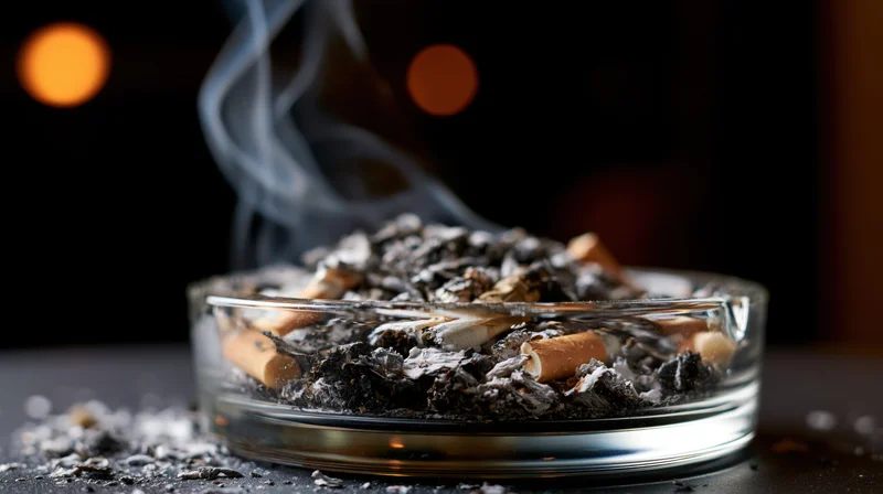 Glass ashtray overflowing with cigarette butts and ash, smoke rising, on dark surface with blurred lights behind