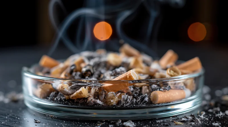 Glass ashtray overflowing with cigarette butts and ash on dark surface with smoke rising and blurred orange lights in background