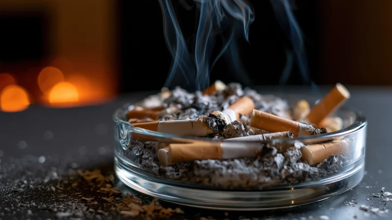 Glass ashtray overflowing with cigarette butts and ash on a dark table with smoke rising and blurred orange lights in the background