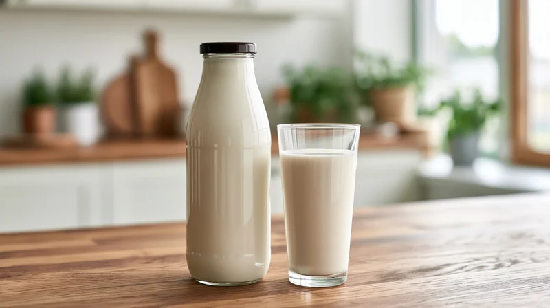 Glass milk bottle and full glass of milk on wooden kitchen table
