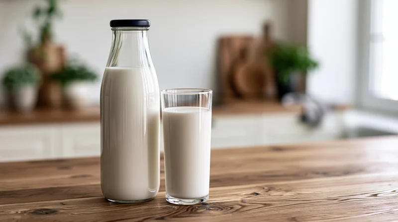 Glass milk bottle and full glass of milk on wooden kitchen table