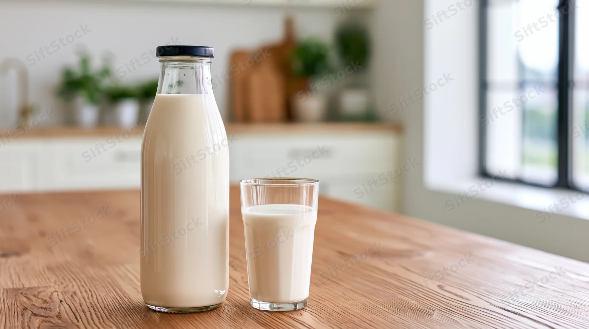Glass milk bottle with dark cap and full glass of milk on wooden kitchen table