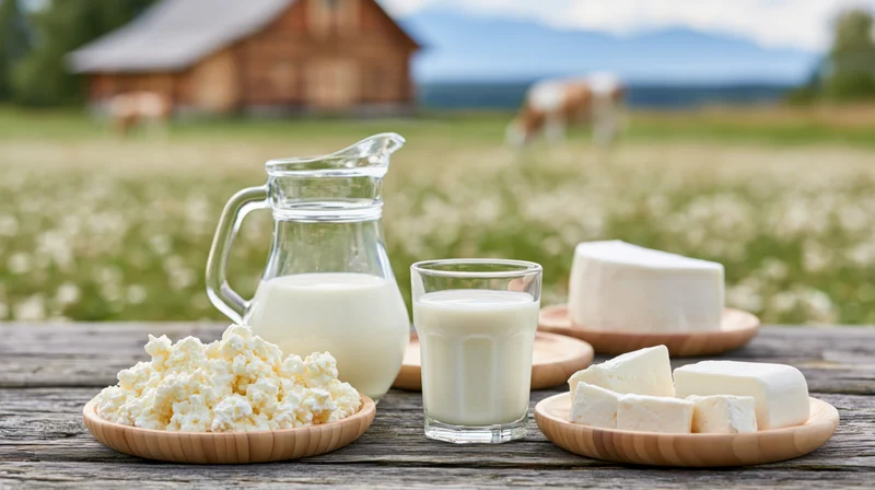 Dairy products including milk, cheese and cottage cheese arranged on a wooden table in a rural farm setting