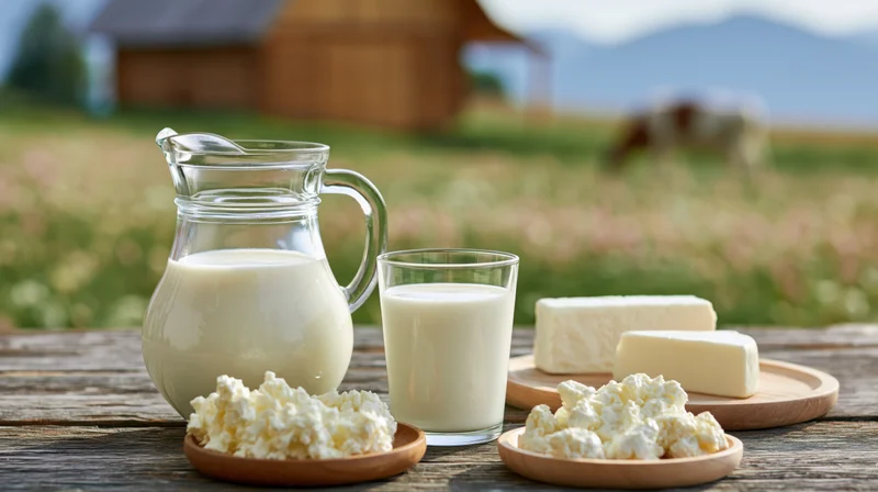Milk and dairy products arranged on a wooden table with a farm and field in the background